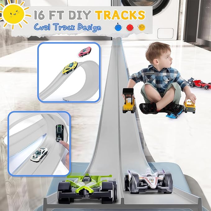 Flexible Race Track for Kids, 16 Ft Flex Race Car Ramp Track with Racing Cars Track Toys Compatible with Diecast 1/64th Hot Wheel Cars Rolls up Portable Car Ramp Toys for Boys and Girls Ages 3+ -