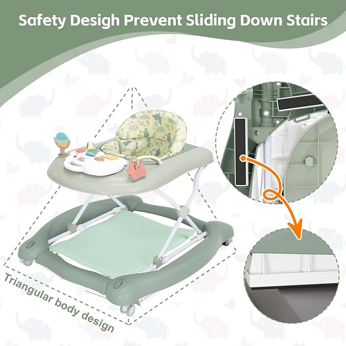 Foldable Baby 5-in-1 Activity Walker - Rocker, Activity Center, Bouncer, Seat Walker, Push Walker - Adjustable Speed Rear Wheels and Height Toys Ages 6-18 Months… (Light Green)