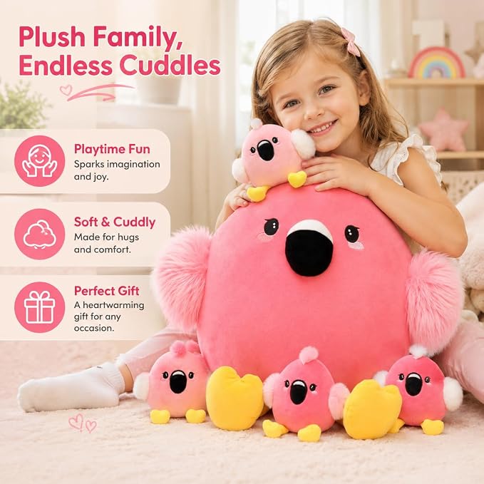 Tezituor Pink Flamingo Stuffed Animal, 5 in 1 Flamingo Plush Toy Pillow with 4 Babies, Zippered Tummy Mommy Flamingo Plushie Gift for Girls Kids, Mother’s Day Valentine’s Day Birthday Christmas