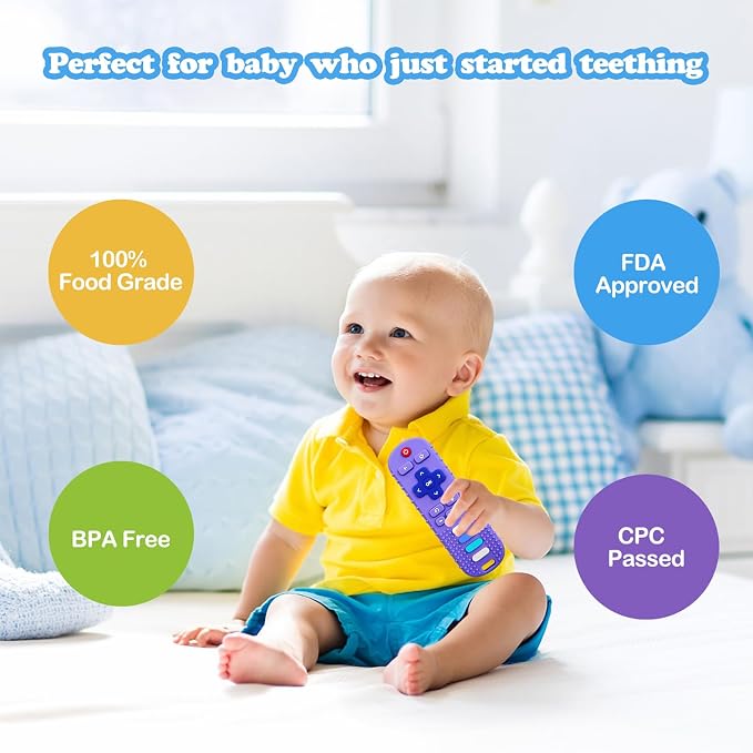 2-Pack Silicone Baby Teething Toys, Fire TV Remote Shape for 18 Months Infant, Toddlers, Boys and Girls Early Educational Sensory Toy (Black+Purple)