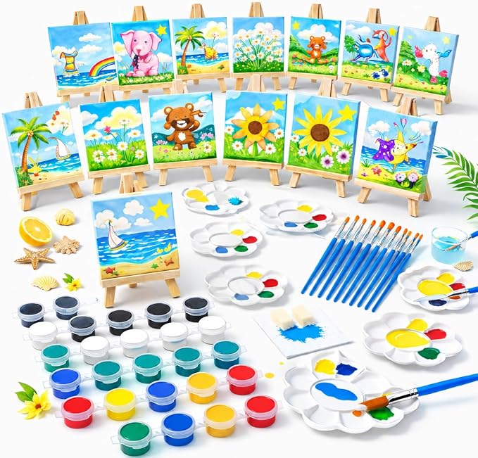 FLUXOJOY 24 Pack Kids Painting Kit, DIY Canvas Painting Set with Easels, Acrylic Paints, Brushes & Palettes, Summer Art Craft Kit for Kids Ages 4-8, Party Favors Classroom Activities Gift