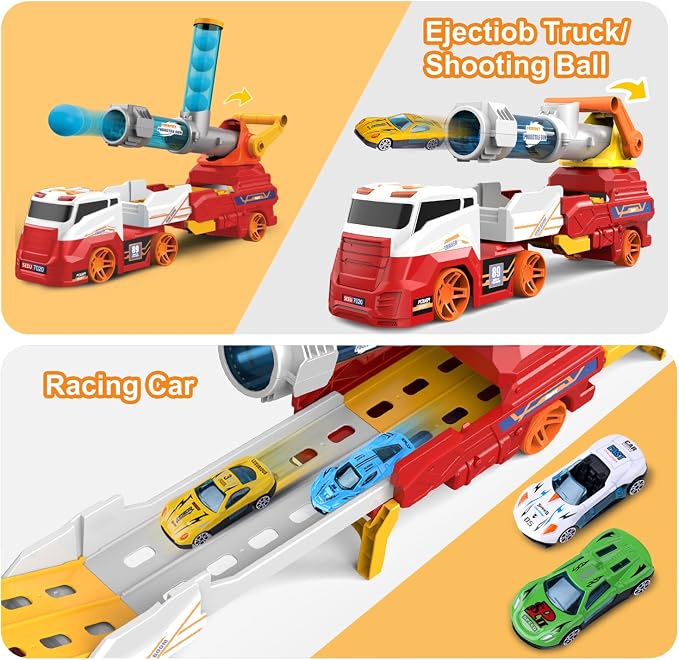 Dwi Dowellin Truck Toys for Kids, 28" Large Car Toys Include 4 Racing Cars+6 Ball, with Light & Sounds, Eejection&Shooting Transport Cars Toys Vehicle, Gifts for Boys Girls-RED