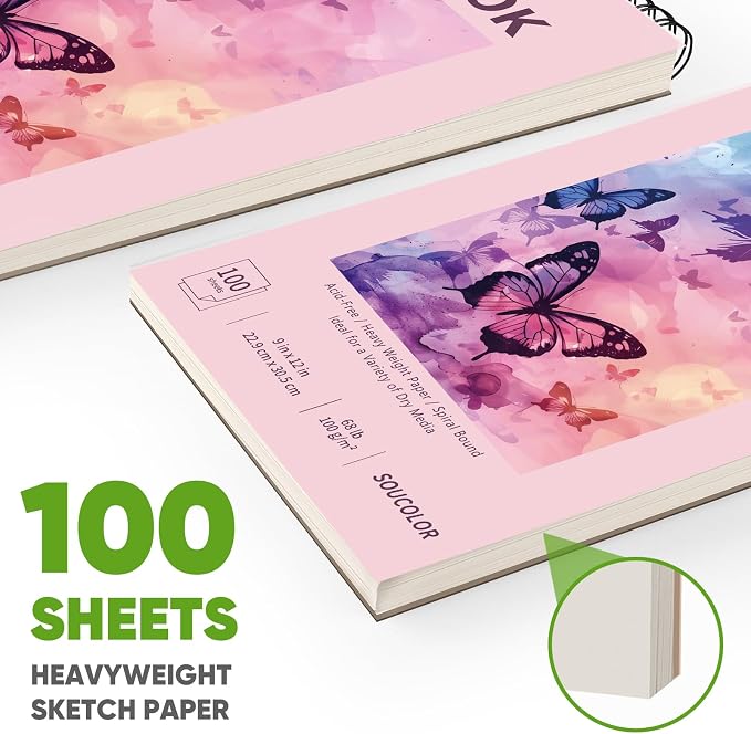 Soucolor Sketch Book 9" x 12" for Kids, Cute Sketchbook 100 Sheets Spiral Notebook Drawing Pad for Girls, Pastel Girls' School Art Supplies for Beginner Artists, Arts and Crafts Gifts Set for Kids