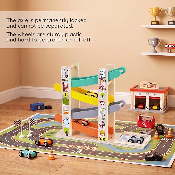 Car Ramp Toys for One Year Old Boy, Toddler Montessori Toys, Wooden Car Tracks for Toddlers 1-3, Race Cars Ramp Track with 4 Mini Cars & Parking Lots, 1st Birthday Gifts Boy
