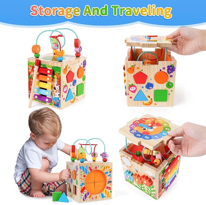 KMTJT Wooden Activity Cube Toddler Toys 12-18 Months, 7-in-1 Montessori Learning Toys for 1 2 Year Old Boys Girls, Bead Maze Sensory Toy, First 1st Birthday Gifts with Sorting & Stacking Board (Pink)