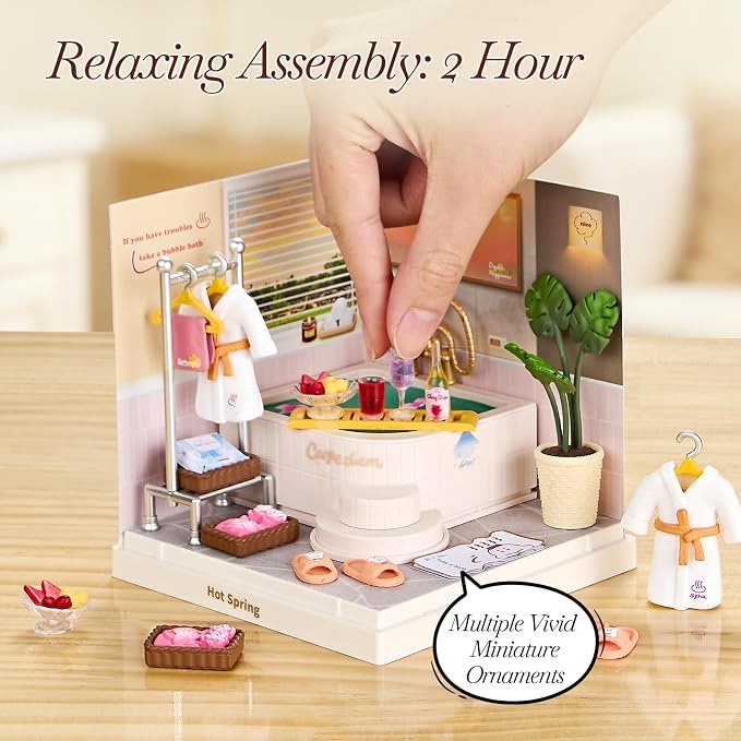 Miniature Hot Spring Spa DIY Bathroom Kit with Acrylic Display Case – Relaxing Bath Dollhouse Room Craft Set, Tool-Free Mini House for Teens, Adults & Beginners