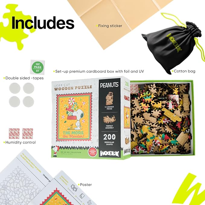 Peanuts Christmas Puzzles for Adults – Snoopy Puzzle Gift for Kids, 200 Pieces Unique Shaped Wooden Jigsaw Puzzles, 5MM Thick, Officially Licensed Merchandise – The More The Merrier, 10.9" x 12.9"