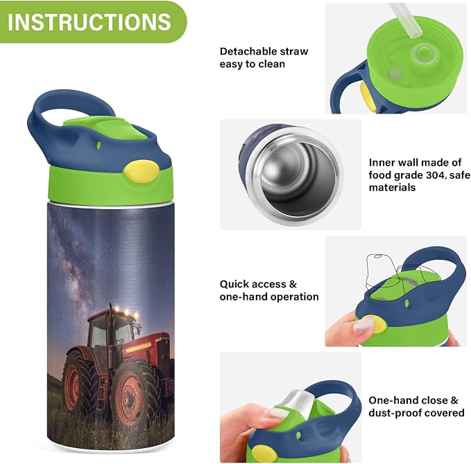 Boccsty Red Tractor Milkyway Galaxy Kids Water Bottle with Straw Lid Insulated Stainless Steel Reusable Tumbler for Boys Girls Toddlers 12 oz Green