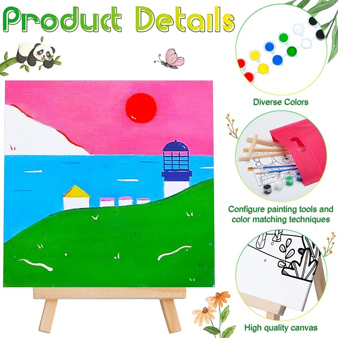 Tenceur 48 Pcs Kids Paint Party Favors Sets with 12 Pcs Animals Pre Drawn Canvas Panel and Wooden Easel Set Paint Pots and Brushes 12 Mini Apron and Tote Bag for Kids Girls Student Boys