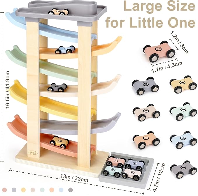 Joyreal Montessori Toddler Toys for 1 2 3 Year Old - 7 Level Wooden Car Ramp Racer Toys with 8 Mini Cars & 2 Garages - Christmas Birthday Gifts for 1-2 Year Old Boys and Girls