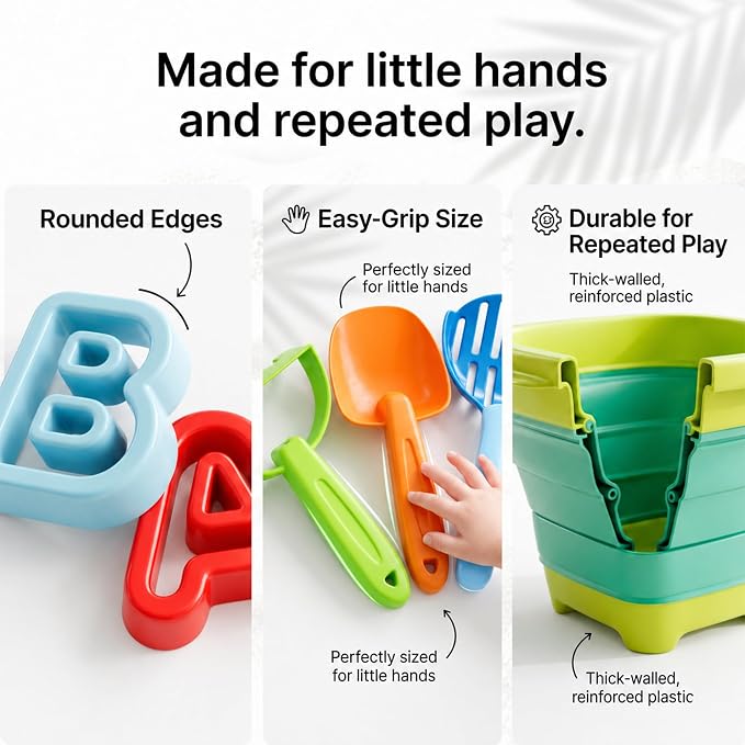 47pc Collapsible Beach Toys for Toddlers Kids ，Educational Sand Toys with Letter & Number Molds, Collapsible Bucket, Magnifying Glass, Mesh Bag -Travel Sandbox Toys for Boys Girls Age 3-10