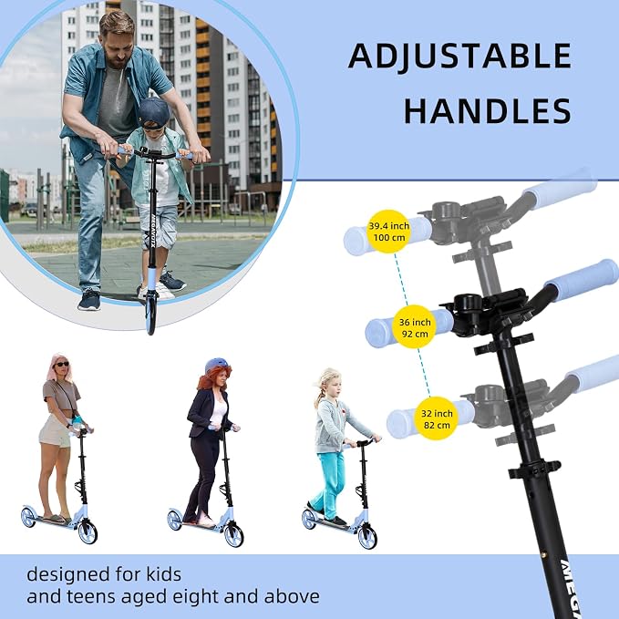 Foldable Kick Scooter for Kids Ages 6-12, Teens & Adults. Non-Electric Scooter with Big Wheels, Adjustable Height, Rear Foot Brake. Lightweight Design for Daily Commute & Outdoor Riding