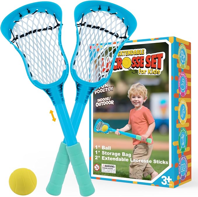 Outdoor Toys Adjustable Kid Lacrosse Stick Set Ball - Toddler Outside Beach Pool Yard Game & Toy for Ages 3+ 4 5 6 7 8 Year Old Boy & Girl Gift for Kids, with Lightweight Easy-Catch & Full Size Basket