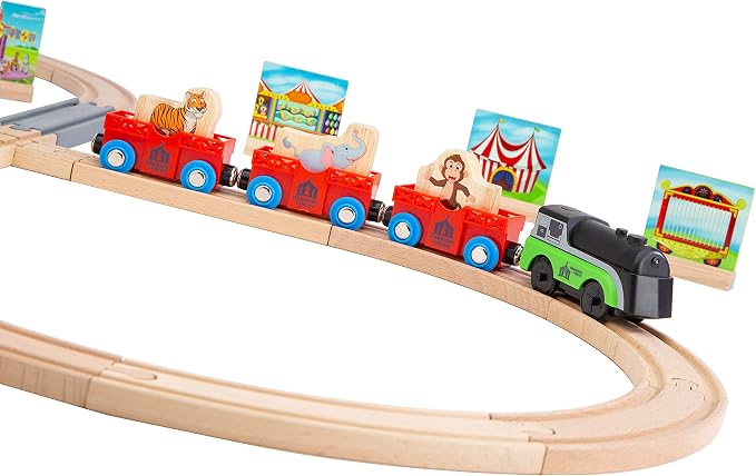 Wooden Train Set Magnetic Battery Operated Train Car with Wooden Tracks | Electric Lighted Train + Sound Track | Safari Circus Animal Compatible Thomas Brio for Grandkids Kids Toddlers