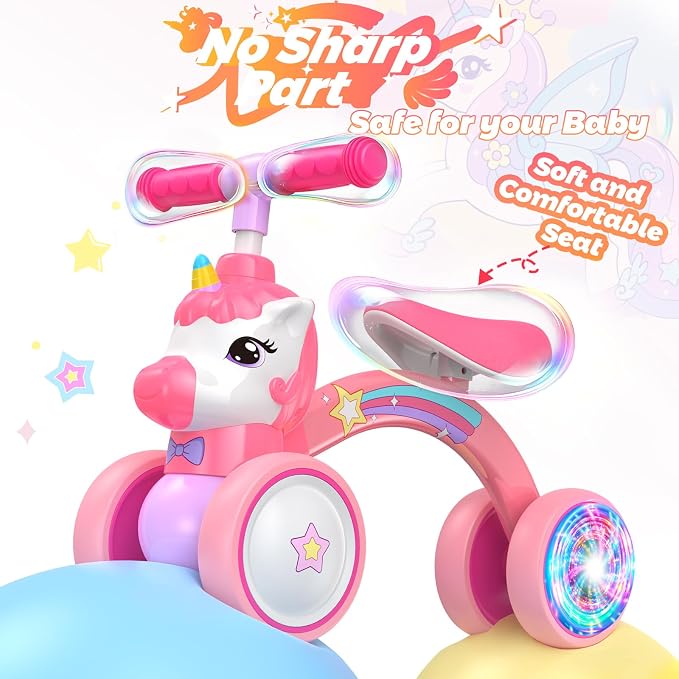 Unicorn Baby Balance Bike Ride on Toys for 1 2 Year Old, Toddler Bike, Birthday Gifts for 1 2 Year Old Girls, Colorful Lighting Silent Wheels, No Pedal, Safe Baby First Bike & Birthday Gift