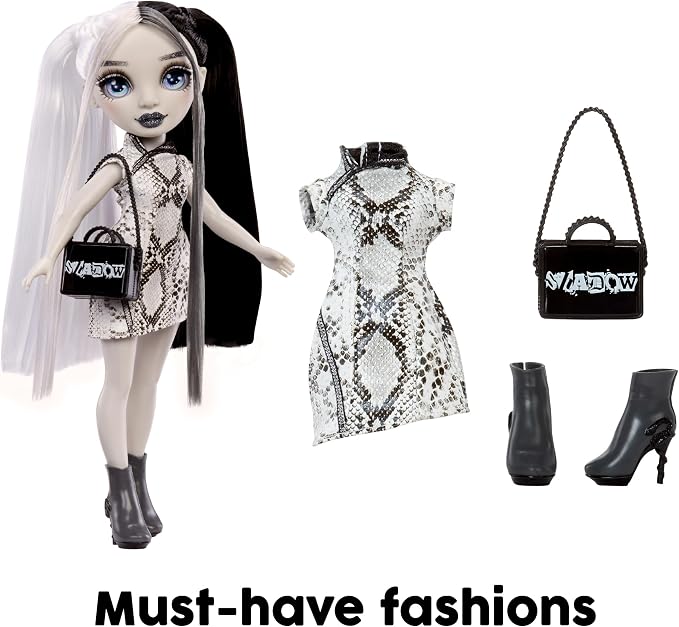 Rainbow High Shadow High Heather - Grayscale 11” Fashion Doll. Black and White Hair & Outfit & Handbag