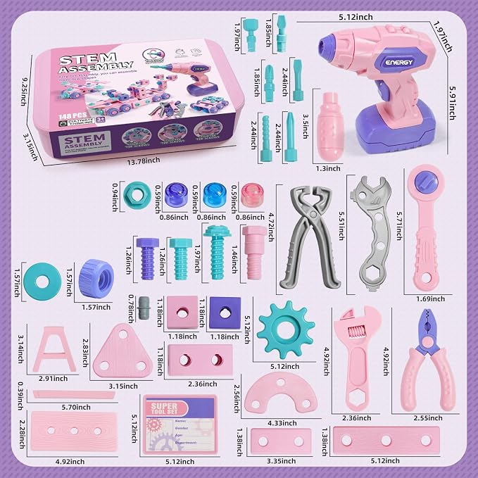 Design and Drill Toy - Toddler Tool Set with Drill & Toolbox, Create And Design Drill Kit Stem Toys for Kids Ages 3-6, Toddler Building Educational Construction Toy for 3-6 Year Old Girl (PINK)