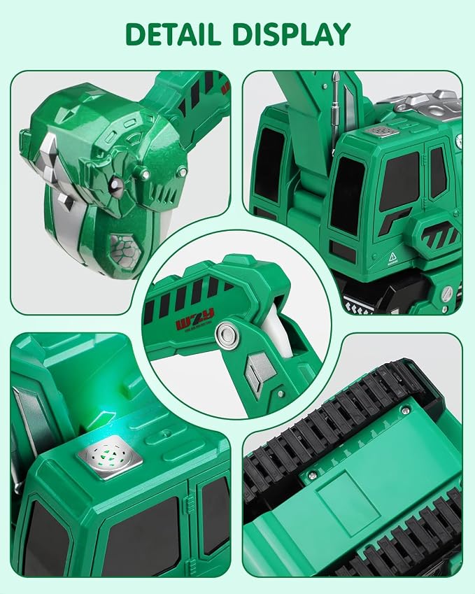 Remote Control Excavator Toys for Boys 4-7, Construction Trucks 2.4GHz RC Excavator with Light and Sound, Dinosaur Toys for Kids 3-5, Christmas Birthday Gifts for Kids (Green)