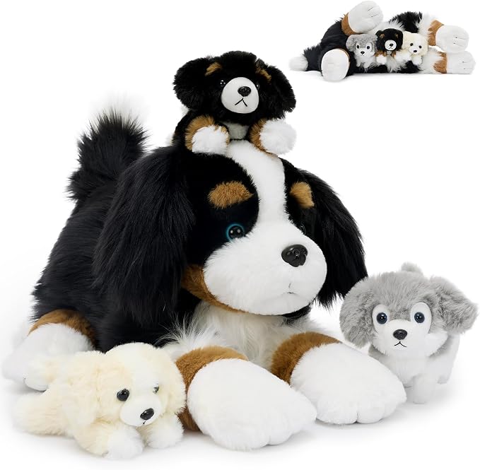 Tezituor Dog Stuffed Animal,26 Inch Border Collie Plush Toys Set with 3 Puppies,Realistic Mommy Dog Plush,4PCS Black White Puppy Plushies,Soft Dog Plush Gift for Girls Boys Kids Birthday Christmas