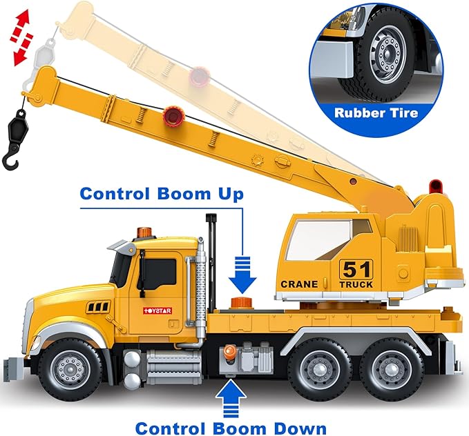 Bstoyder Kids Toys for 3 4 5 6 7 8 Years Old Boys, 15" Crane Truck Toy with Lights, Sounds, Toddler Friction Powered Truck Vehicle Toy for Boys Girls Birthday Gifts