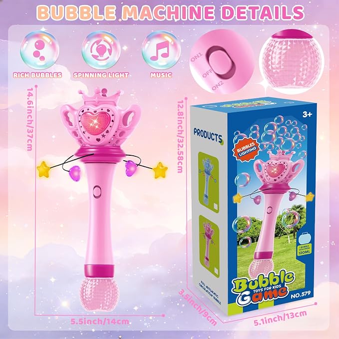 Sitodier Bubble Wands for Girls - Bubble Machine for Toddlers with Rotatable LED Light & Music, Outdoor Easter Birthday Party Bubble Toys, Gift for 3 4 5 6 7 8 Year Old Kids Girls
