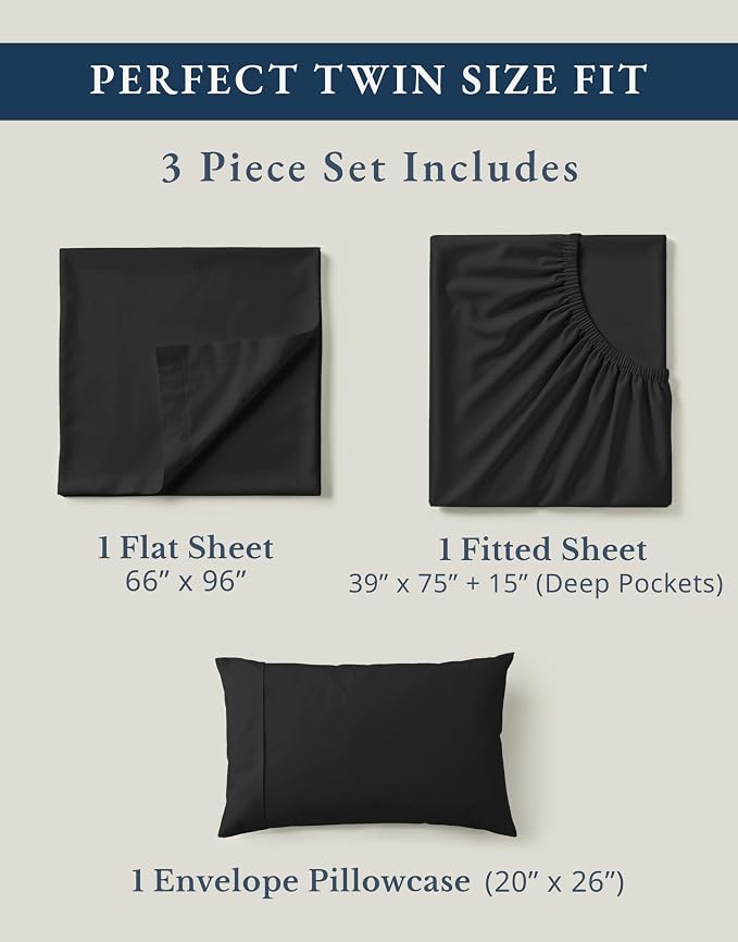 LANE LINEN Twin Bed Sheets 100% Organic Cotton Soft 3pc Percale - Black | Twin Sheets In Organic Cotton Percale - Crisp Cool Percale Weave, Great For Gifting, Easy-Care Machine Washable