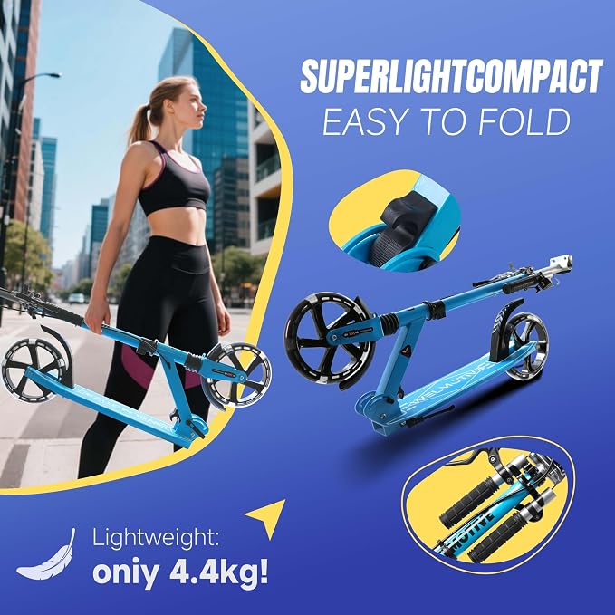 Kick Scooter for Kids Ages 8+ Teens & Adults, with Front handbrake and Rear Brake, and Adjustable Handlebars, Big Sturdy PU Flash Wheels Great Gift & Toy
