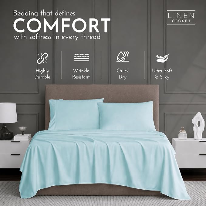Linen Closet Luxury 1200 Thread Count King Size Sheets Set, 4 Pieces, Cotton Rich, Aqua, Soft, Durable & Wrinkle Resistant Sateen Sheets, 16" Deep Pocket Fitted Sheet, Home & Hotel Essentials