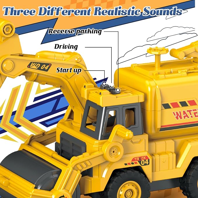 3-in-1 Construction Truck Toy, Excavator & Road Roller Combo with Water Spray Function, Inertia-Powered Push-and-Go, Working Digger Arm & Rolling Drum, Outdoor Sandbox Vehicle for Boys Girls Age 3+