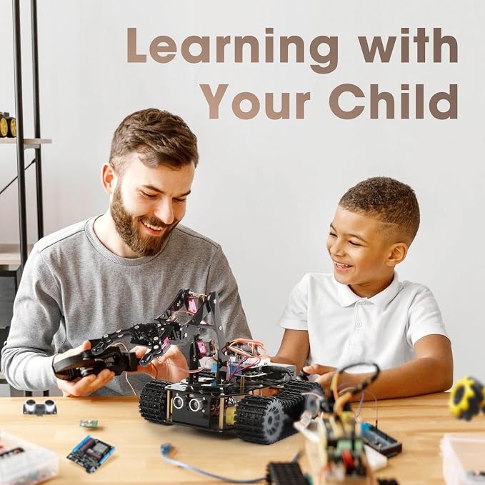 4 in 1 Robotics for Kids Ages 12-16, Smart Robot Arm with 5DOF + Tank Car, STEM Toys Compatible with Arduino & Scratch & Python, App & Remote Control, Gift for Kids & Teens & Adult