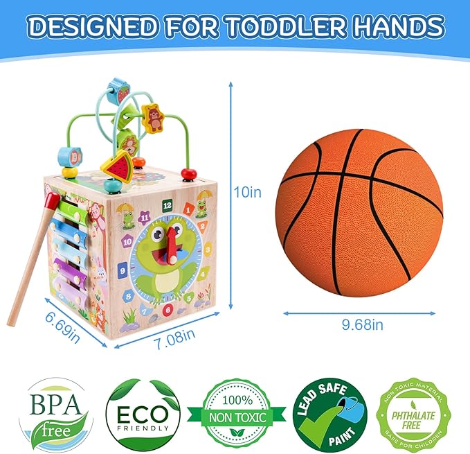 Wooden Activity Cube | Montessori Toys for 1 2 3 Year Old Toddlers | One Year Old 1st 2st First Birthday Gift | Educational Toys for 12+ Months Baby Boys Girls | Bonus Sorting & Stacking Game (Blue)