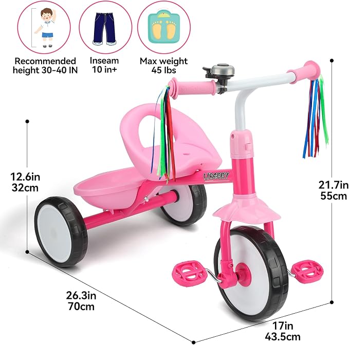 Liberry Toddler Tricycle Age 2 3 4 Years Old, Kids Trike with Light Up Wheels, Removable Pedal and Basket, 3 Wheel Bike Outdoor Indoor Riding Toy Gift for Girls Boys, Pink
