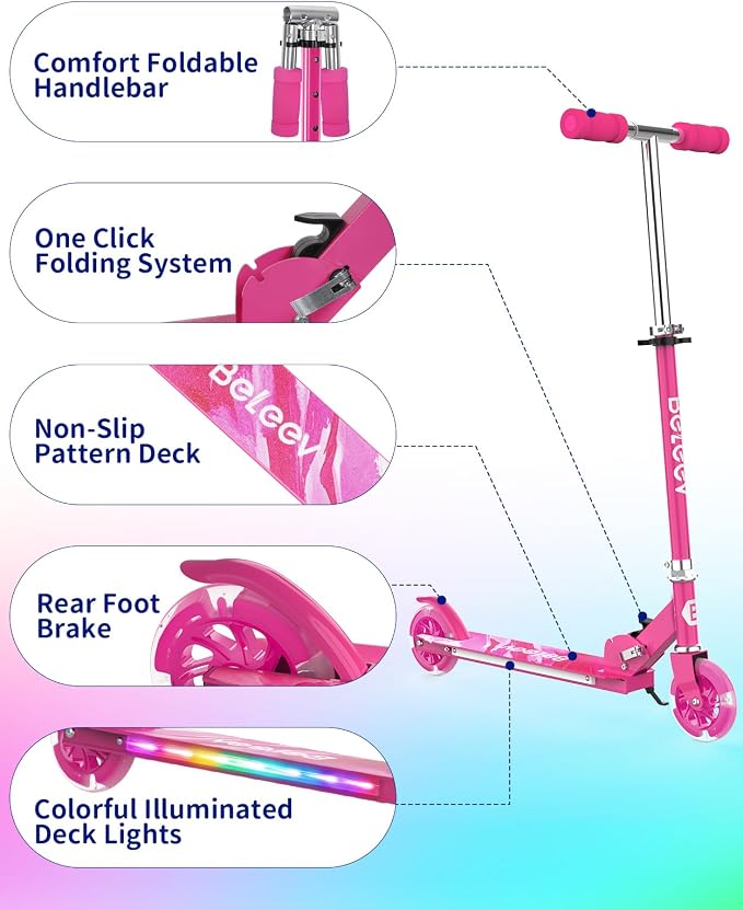 BELEEV V1 Scooters for Kids, 2 Wheel Folding Kick Scooter for Girls Boys, 3 Adjustable Height, Light Up Wheels, Lightweight Scooter with Sturdy Frame, Kickstand for Children 3 to 12 Years Old