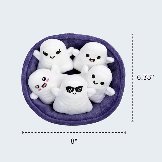Emotional Support Ghosts by Relatable, Cuddly Plush Collectibles and Cute Stuffed Animals, Spooky Halloween Ghost Plushies and Fun Trick or Treat Toys, Includes 5 Plushies with Carrying Basket