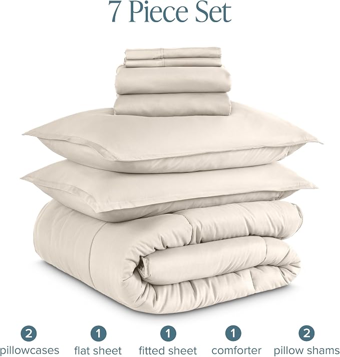 Bare Home Bed-in-A-Bag 7 Piece Comforter & Sheet Set - King - Goose Down Alternative - Ultra-Soft 1800 Premium - Bed Set (King, Sand/Sand)