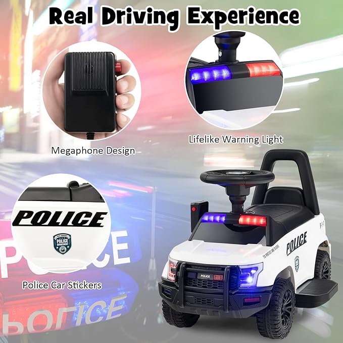 Costzon Police Car Ride On, 6V Battery Powered Electric Kids Ride On with Megaphone, Lights, Siren, Under Seat Storage, Toddler Push Car, Ride On Toys for Toddlers 1-3 Boys Girls (White)