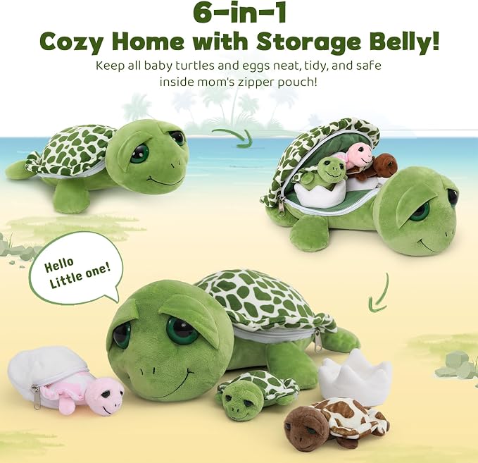 MorisMos Turtle Stuffed Animal with Babies Inside, 14'' Talking Mommy Turtle Plush with Babies & Eggs, 6PCS Interactive Sea Ocean Plush Toys Family with Gentle Voice, Big-Eyed Gift for Kids Girls
