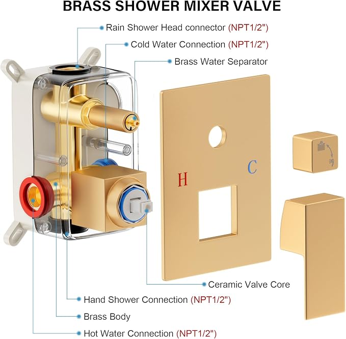 FPXRNG Gold Shower Faucet Set, Rainfall Shower System with Rain Shower Head and Handle Set, Wall Mounted Shower Fixtures, Full Metal Trim Repair Kit 10 inch Paint Gold (With Shower Valve)