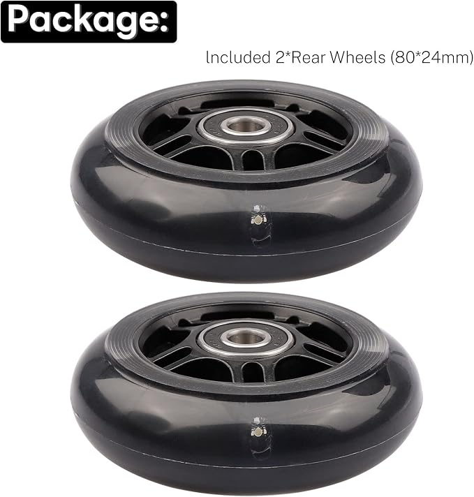 Rear 80mm Light Up White Flashing 3-Wheeled Kid Scooter Replacement Wheels for Kid Push Kick Scooter, 2-Pack (Black)