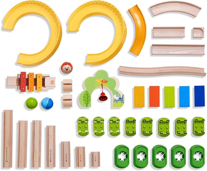 HABA Kullerbu Sim-Sala-Kling - 38 Piece Wooden & Plastic Train Track Set for Balls with Musical Effects and Domino Blocks