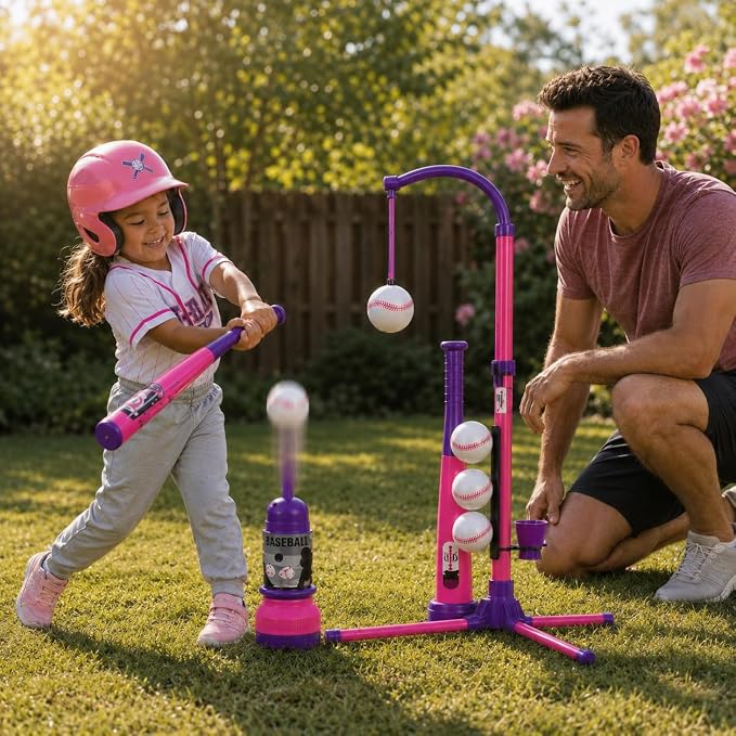 3-in-1 Baseball Set for Kids and Toddlers Ages 3-5 – Includes Tee Ball Stand, Hanging Tee, Automatic Ball Launcher, and 6 Softballs – Adjustable Height for Indoor/Outdoor Play – Sports Gift for Girls