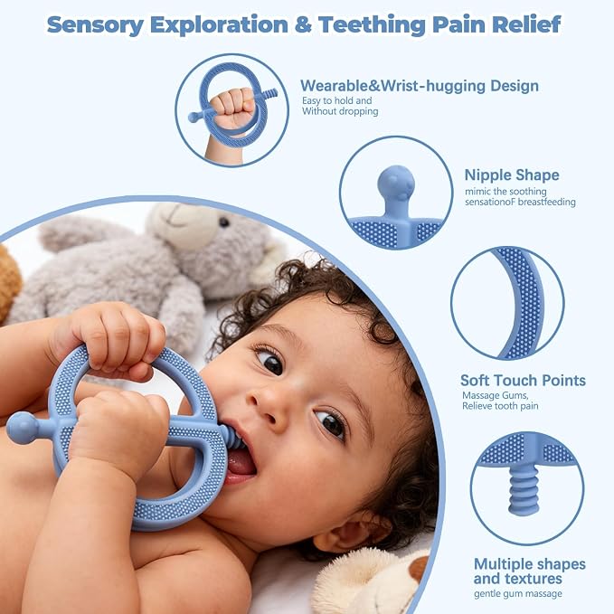 3 Pack Baby Teething Toys - Silicone Baby No-Drop Sensory Teether Toy Wrist Hand Teethers for Teething Relief, Food-Grade Newborn Essentials Chew Toys for Sucking Needs 0-12 Months