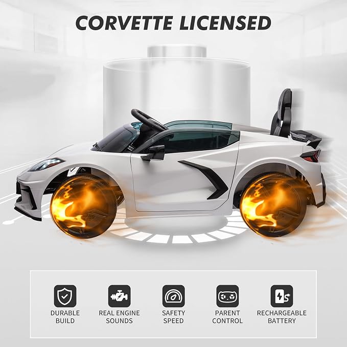 Garvee 12V Kids Ride on Car Licensed Corvette Toddlers Electric Sports Car Ride on Toy with Remote Control, Visual Dashboard, LED Lights, Music for Boys & Girls, White
