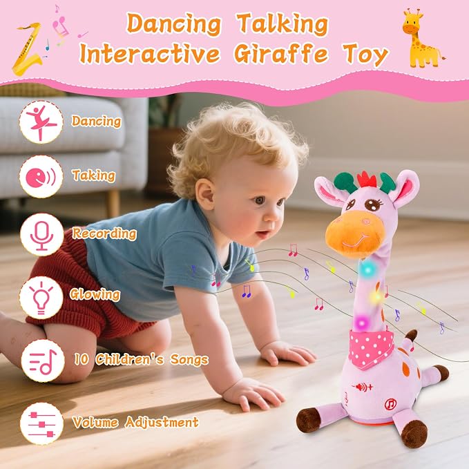 Dancing Talking Giraffe Toy, Stuffed Animal Baby Toy Repeating What You Say, Glowing Musical Giraffe Gifts for Toddlers 1-3 Years Old, for Kids (Purple Giraffe)
