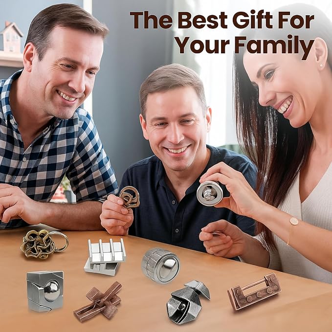 Wettarn 9 Pcs Metal Brain Teaser Puzzles 3D Steel Puzzle Set for Adults IQ Logic Challenge Disentanglement Unlock Interlocking Games Smart Logic Test Toys for Adults Mind Challenge(Educational Style)