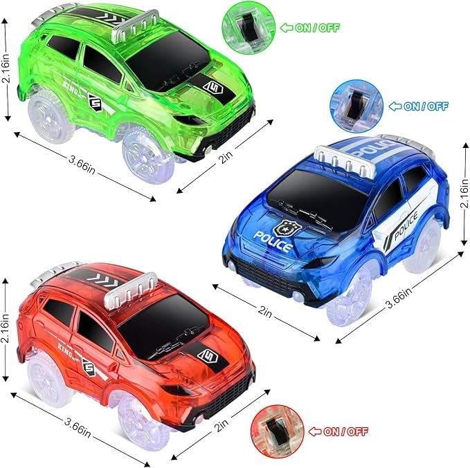 Tracks Cars Only Replacement, Flex Track Race Cars Glow in the Dark, Lights Up Glow Trax Trucks with 5 LED Flashing Light Compatible with Most Tracks for Kids(Red/Blue/Green)