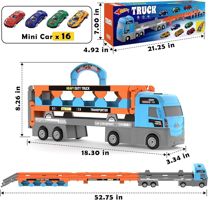 2-in-1 Race Truck Car Toys for 3-8 Years Old Boys Girls, Trucks for Toddlers 2-4 Years Foldable Transport Car Toys with 2 Foldable Tracks 16 Race Cars, Birthday Gifts Children's Day for Kids
