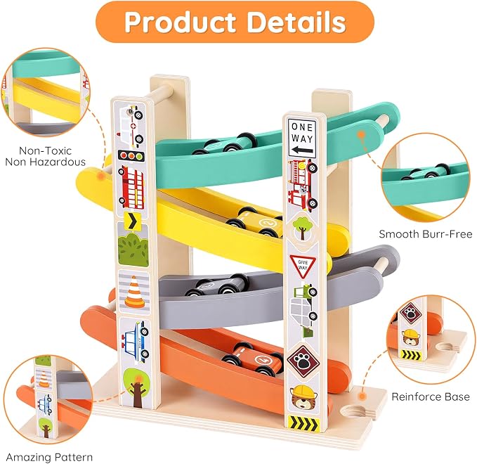 Car Ramp Toys for One Year Old Boy, Toddler Montessori Toys, Wooden Car Tracks for Toddlers 1-3, Race Cars Ramp Track with 4 Mini Cars & Parking Lots, 1st Birthday Gifts Boy