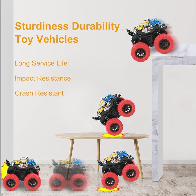 M SANMERSEN Monster Truck Toys for Kids, Friction Cars for Toddlers Push and Go 360° Rotating Stunt Car for 3+ Year Old Boys Girls Gifts (4 Pack - Blue/Green/Red/Yellow)