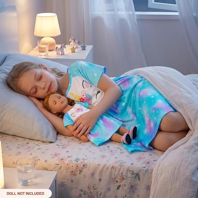 Play Tailor Doll and Girl Matching Nightgown Unicorn Outfit Pajamas Night Dress for Girls and 18" Dolls Clothes